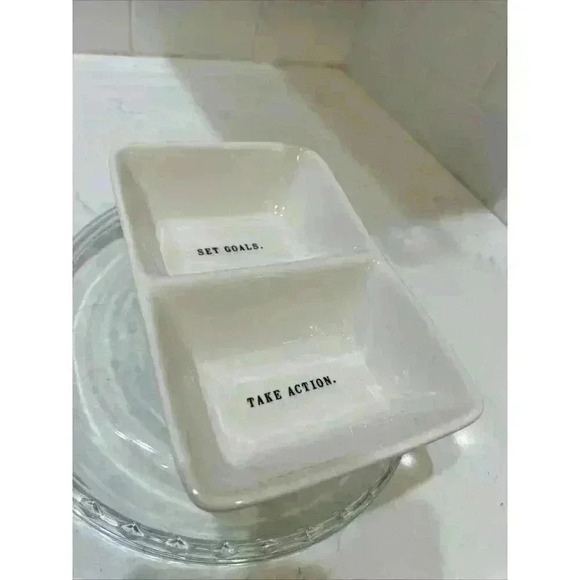 Rae Dunn SET GOALS TAKE ACTION Divided Serving Dish Artisan Magenta 8x5 - Picture 2 of 11